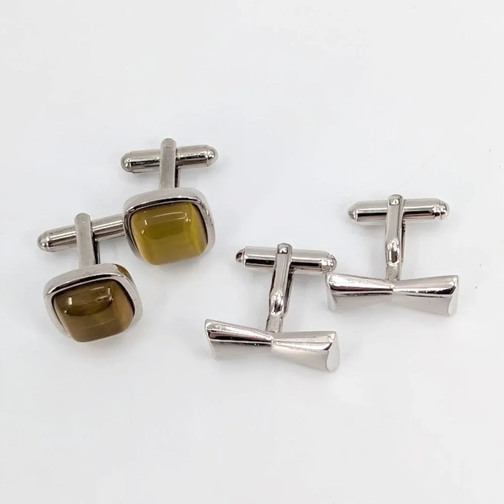 VTG Cufflink Lot Silver Tone Bow Tie and Amber Glass Set of 2 Pairs MCM Classic